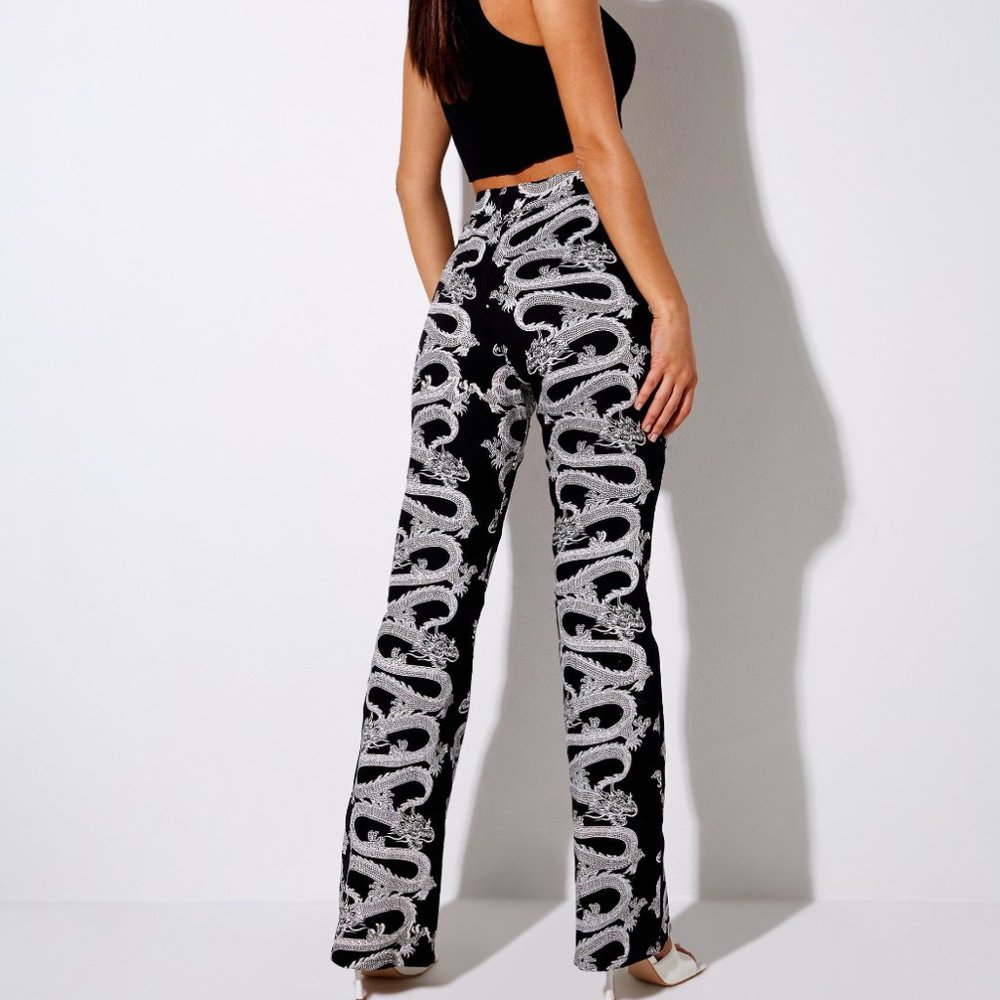 Motel Rocks Zoven Flare Trouser in Dragon Rope Black Placement